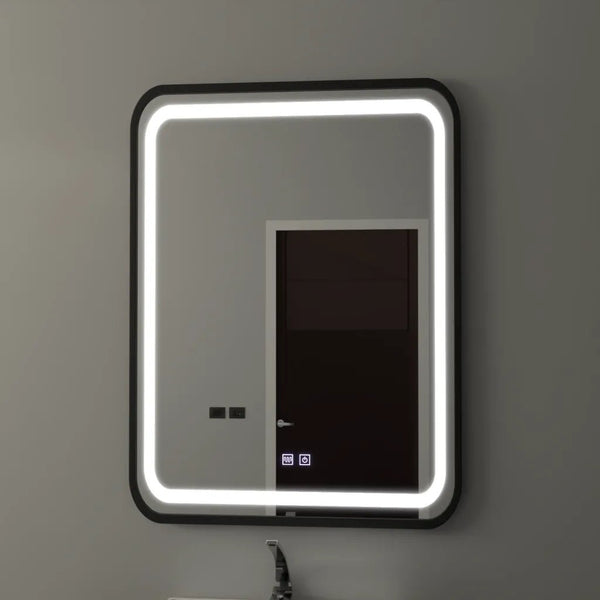 Oglindă LED Baie cu Dezaburire Halcyona II, 60×80 cm, Buton Touch, Dimabilă, Ramă Negru