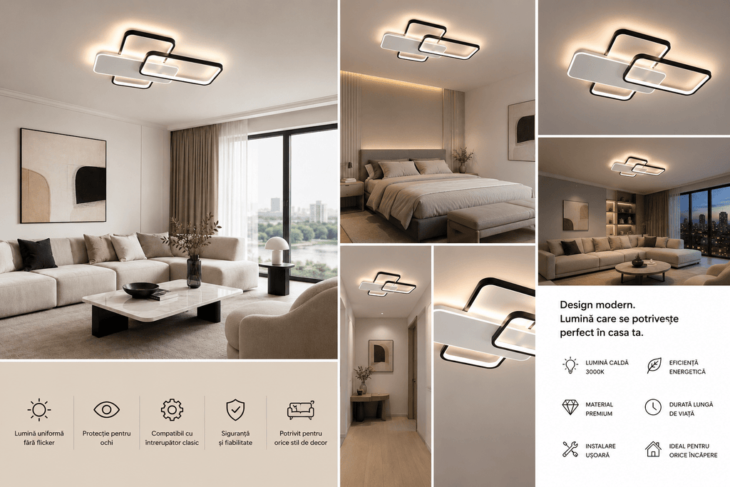 Lustră LED cu Telecomandă Brunetta, 122W, Lumină Caldă/Neutră/Rece, Negru/Alb - AdeHouse — Finisaje și Iluminat Premium.