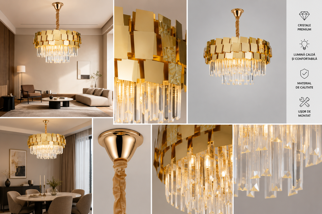 Candelabru Cristal Tancreda 60W, Ø60 cm, Auriu