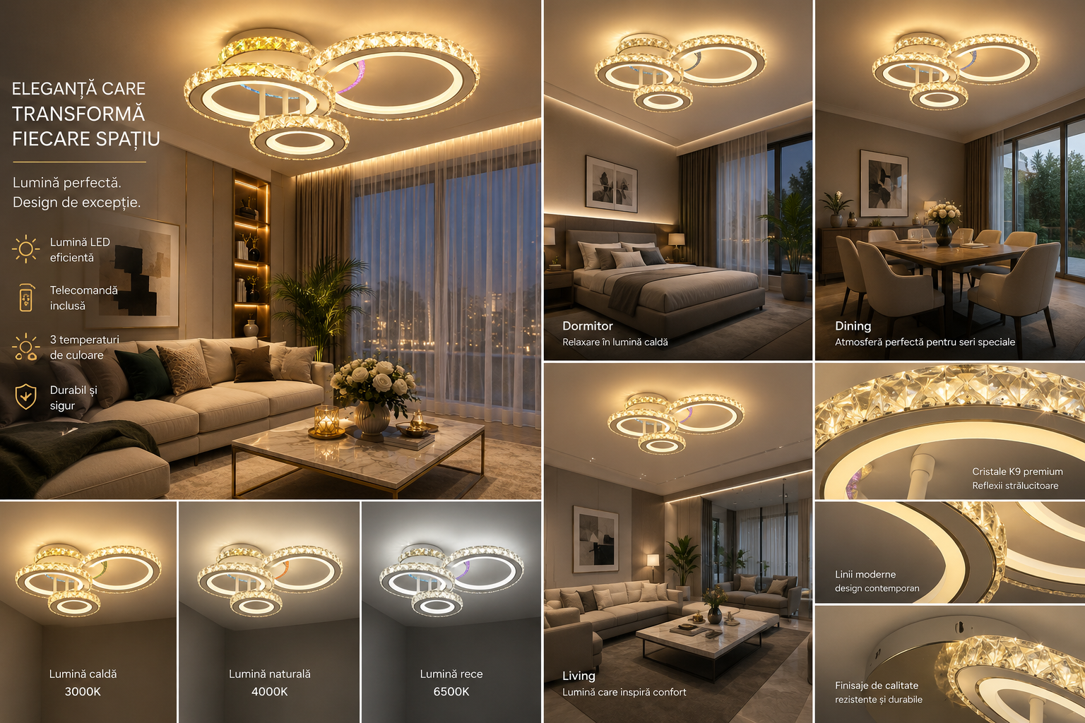 Lustră LED cu Telecomandă Zephyrine 134W, Lumină Caldă/Neutră/Rece, Dimabilă