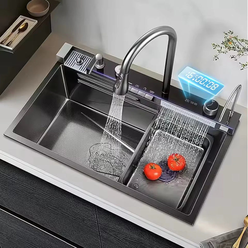 Chiuveta Bucatarie Multifunctionala Negru Grafit cu 2 Cascade, Robinet Cascada, Afisaj Digital Temperatura, Accesorii Incluse