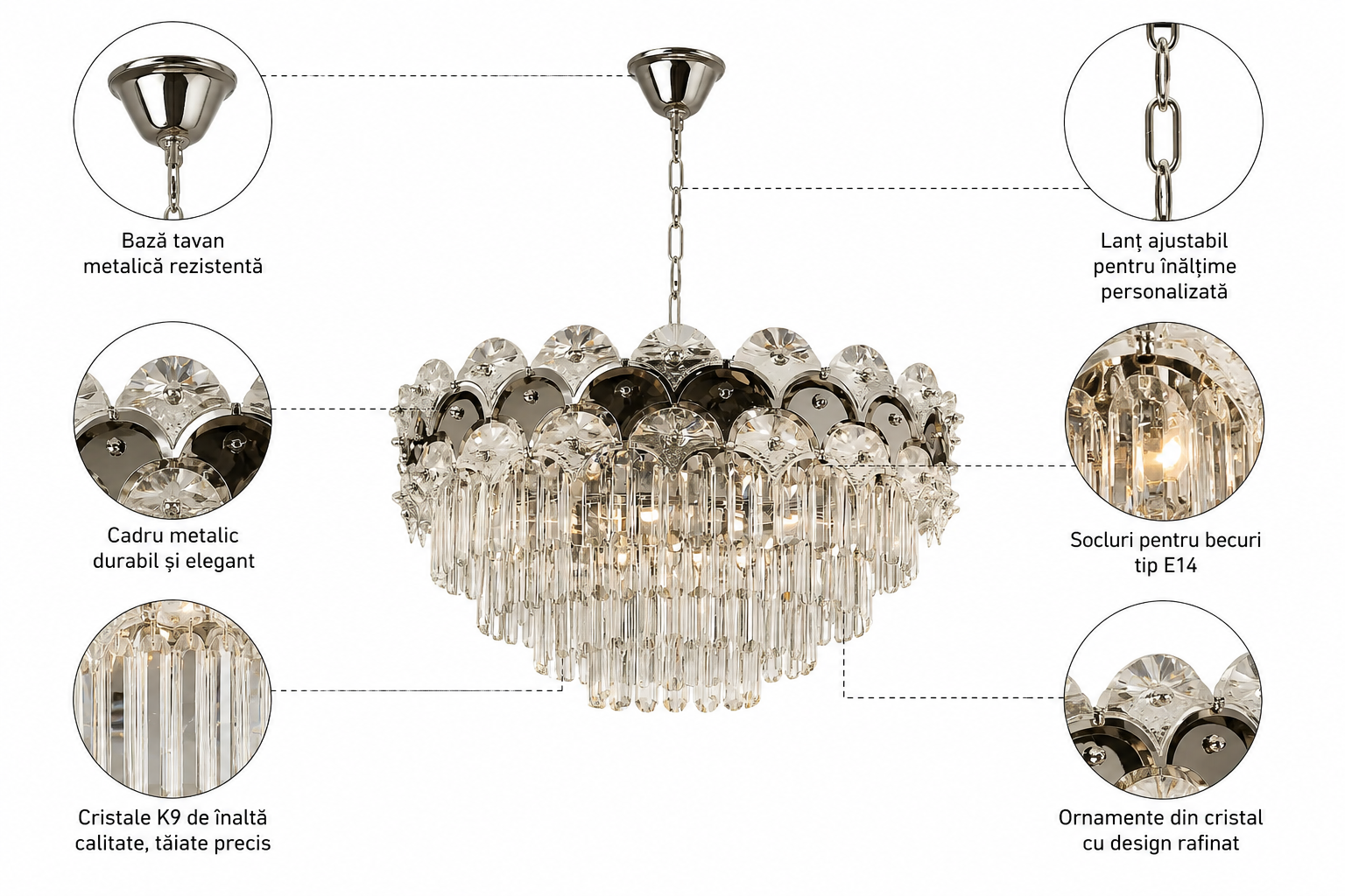Candelabru Cristal Novaria, Ø60 cm, cu Telecomandă, Dimabil