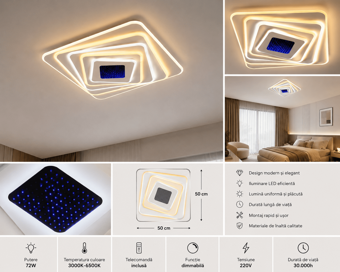 Lustră LED cu Telecomandă Clementina, 243W, Lumină Caldă/Neutră/Rece - AdeHouse — Finisaje și Iluminat Premium.