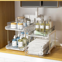 Suport cu 2 rafturi retractabile, 2 nivele si 6 compartimente de depozitare, 29 x 20 x 23 cm, alb