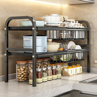 Raft metalic pentru depozitare sub chiuveta, extensibil 55-85 cm, 4 cosuri, 85 (L) x 25 (l) x (H) cm, negru