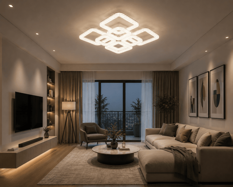 Lustră LED cu Telecomandă Tomasina, 54×54 cm, 192W, cu Cristale, Lumină Caldă/Neutră/Rece, Alb