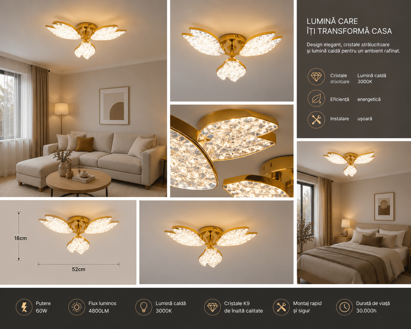 Lustră LED cu Telecomandă Prisca, 60W, Ø54 cm, cu Cristale, Lumină Caldă/Neutră/Rece, Dimabilă, Auriu - AdeHouse — Finisaje și Iluminat Premium.