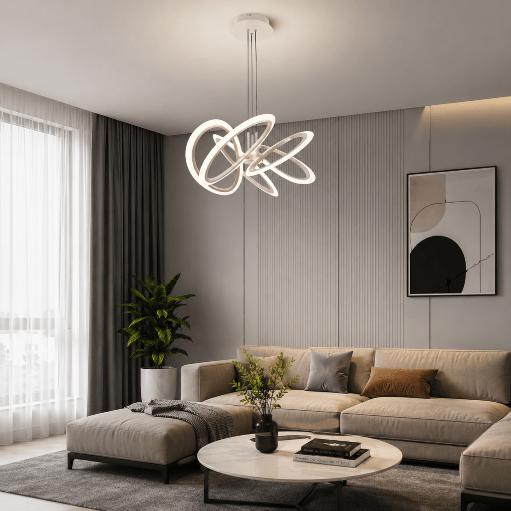 Pendul LED cu Telecomandă Almerinda, 160W, Ø100 cm, Lumină Caldă/Neutră/Rece, Auriu - AdeHouse — Finisaje și Iluminat Premium.