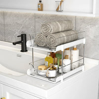Suport cu 2 rafturi retractabile, 2 nivele si 6 compartimente de depozitare, 29 x 20 x 23 cm, alb