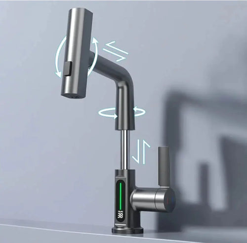 Baterie baie/bucatarie cu display temperatura, curgere tip cascada, jet sau spray, dus extractibil