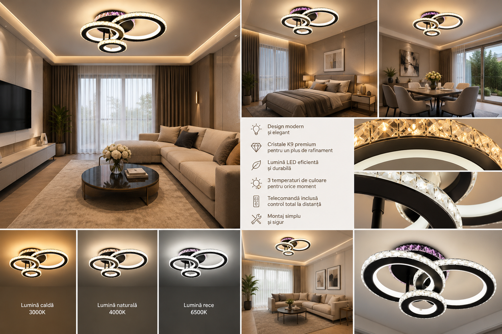 Lustră LED cu Telecomandă Halcyona 134W, Lumină Caldă/Neutră/Rece, Dimabilă, Negru