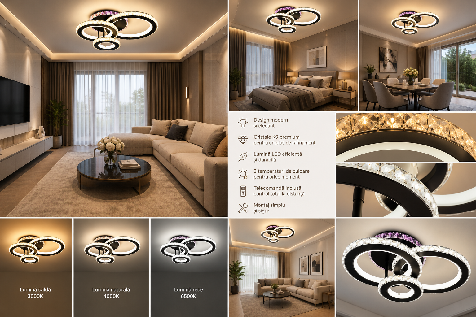 Lustră LED cu Telecomandă Halcyona 134W, Lumină Caldă/Neutră/Rece, Dimabilă, Negru