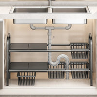 Raft metalic pentru depozitare sub chiuveta, extensibil 55-85 cm, 4 cosuri, 85 (L) x 25 (l) x (H) cm, negru