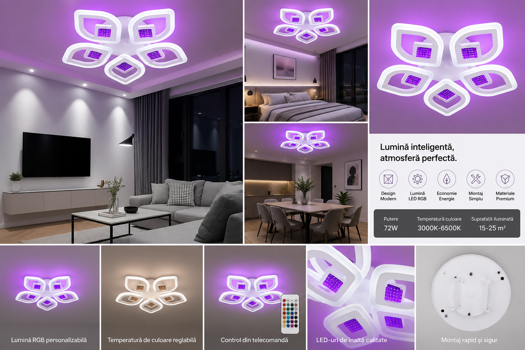 Lustră LED cu Telecomandă Tindra 100W, Lumină Caldă/Neutră/Rece, Dimabilă