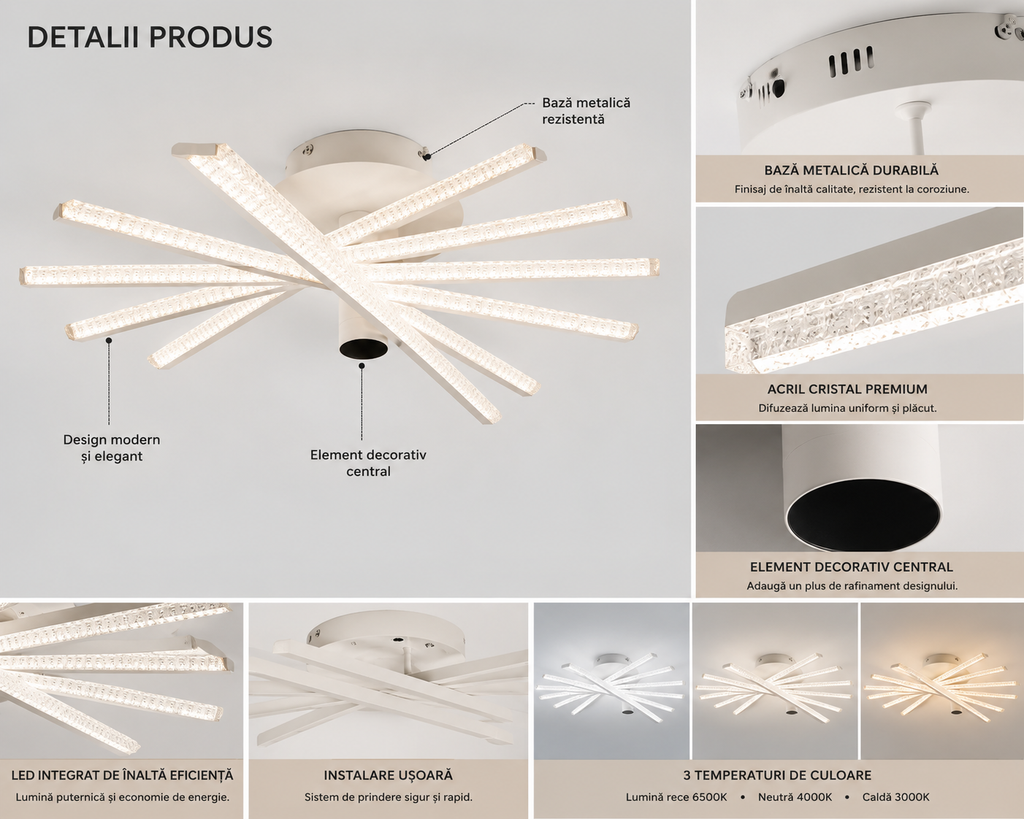 Lustră LED cu Telecomandă Nerissa 144W, Lumină Caldă/Neutră/Rece, Dimabilă, Alb