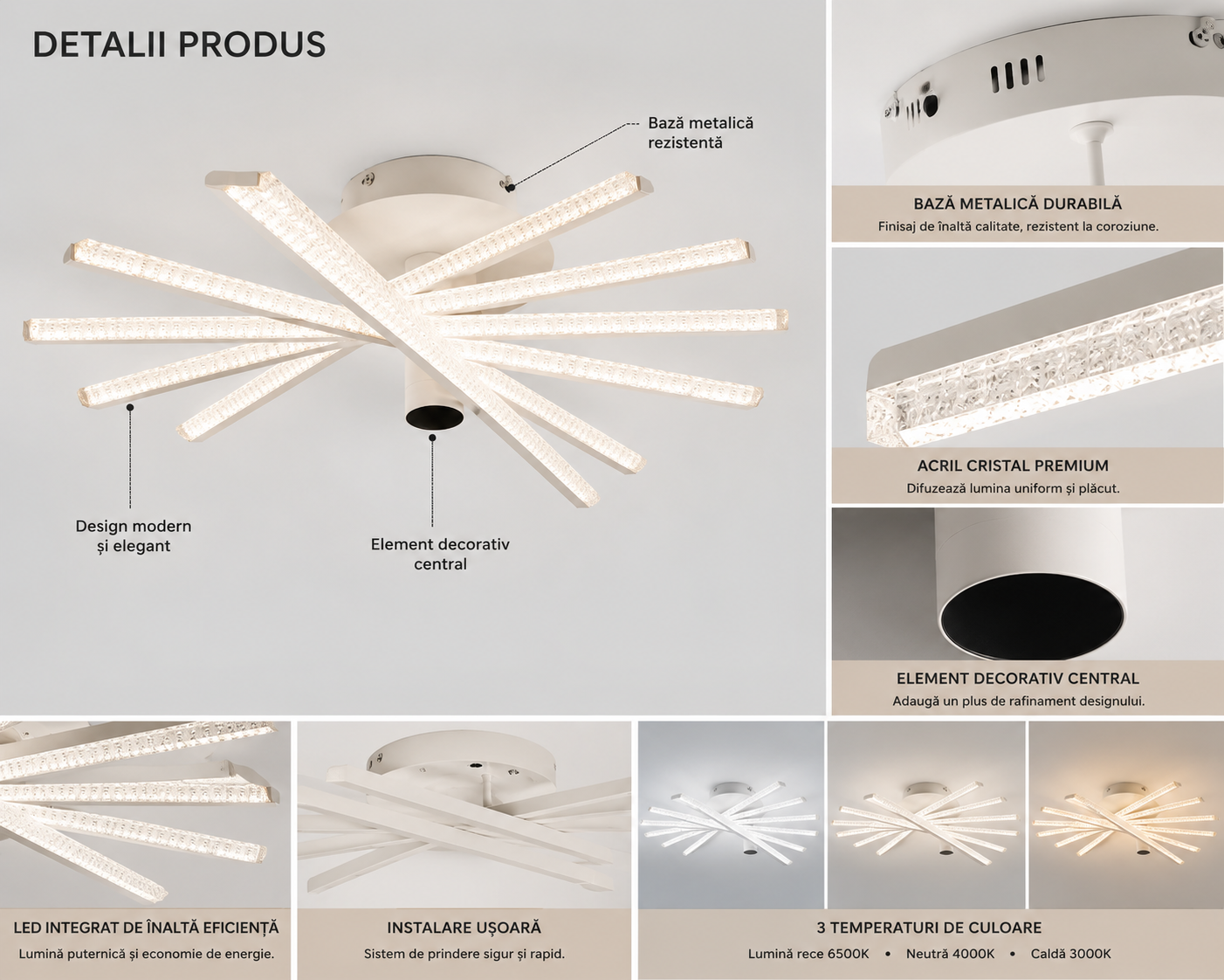 Lustră LED cu Telecomandă Nerissa 144W, Lumină Caldă/Neutră/Rece, Dimabilă, Alb