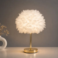 Veioza Glamour Feather Alb-Auriu, Abajur cu Pene, Soclu E27, Ø30 cm