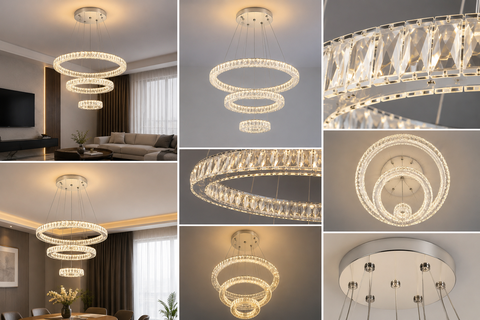 Pendul LED cu Telecomandă Valentina II 120W, Ø60 cm, cu Inele, cu Cristale, Dimabil, Alb