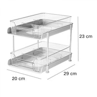 Suport cu 2 rafturi retractabile, 2 nivele si 6 compartimente de depozitare, 29 x 20 x 23 cm, alb