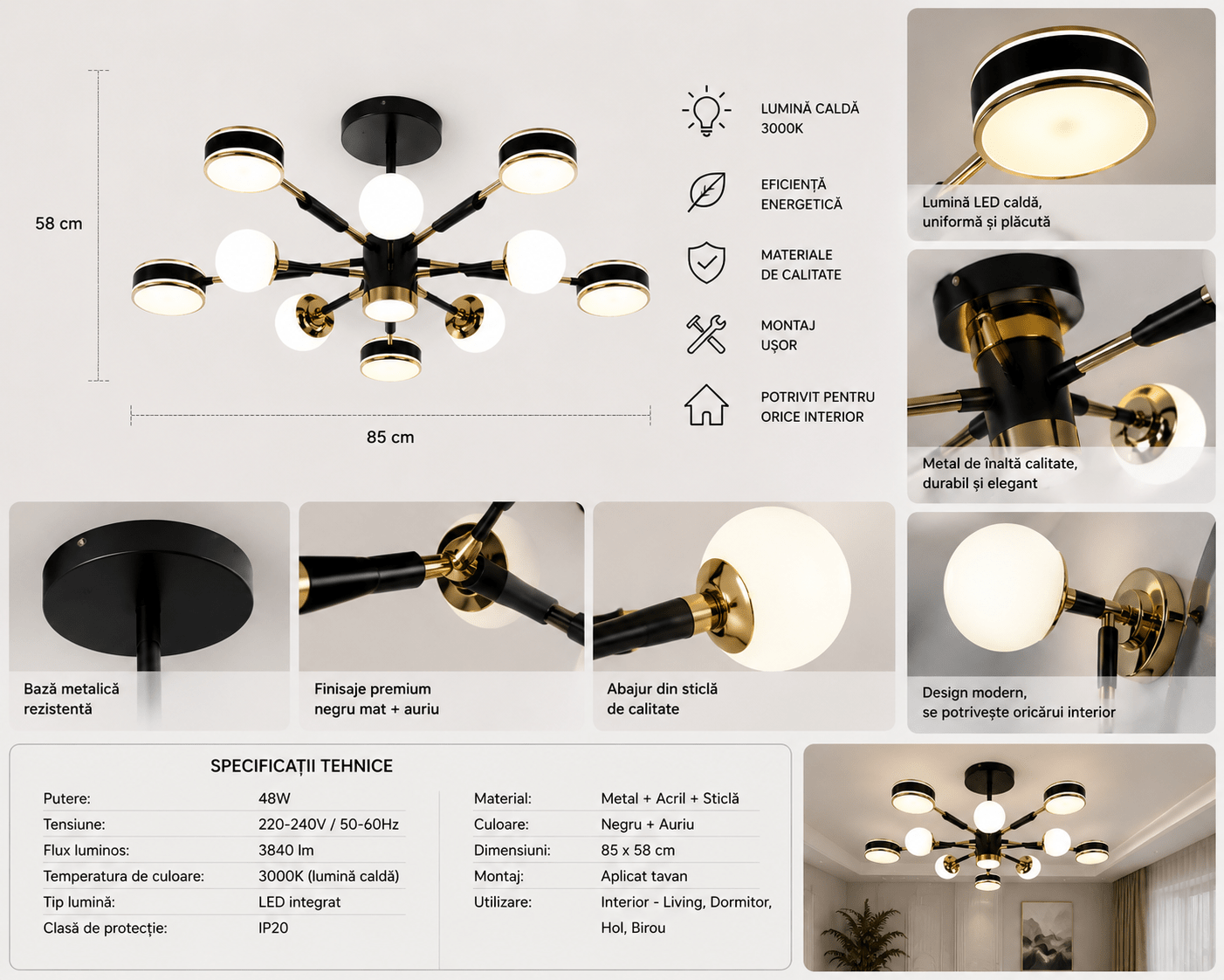 Lustră LED cu Telecomandă Norberta, 130W, Lumină Caldă/Neutră/Rece - AdeHouse — Finisaje și Iluminat Premium.