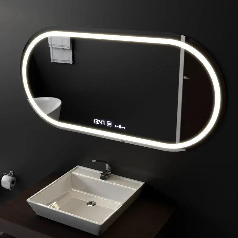 Oglindă LED Baie cu Dezaburire Concettina, Ceas, Ramă Negru