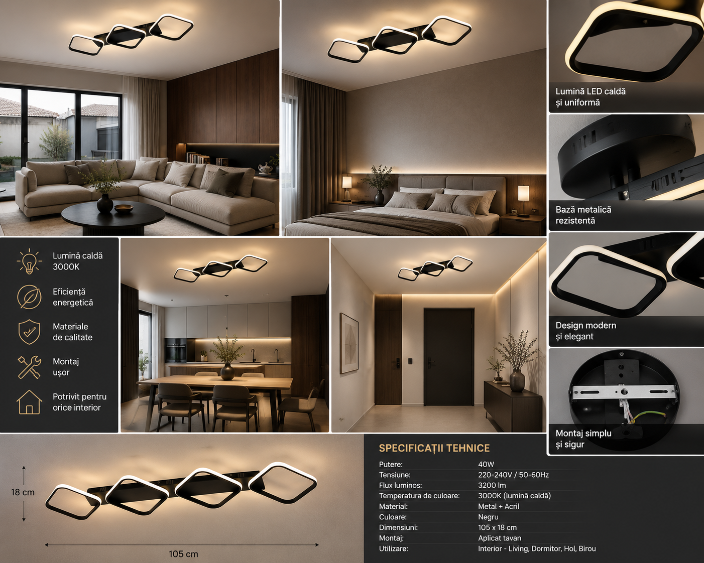 Lustră LED Marisol 78W, Lumină Caldă/Neutră/Rece, Dimabilă