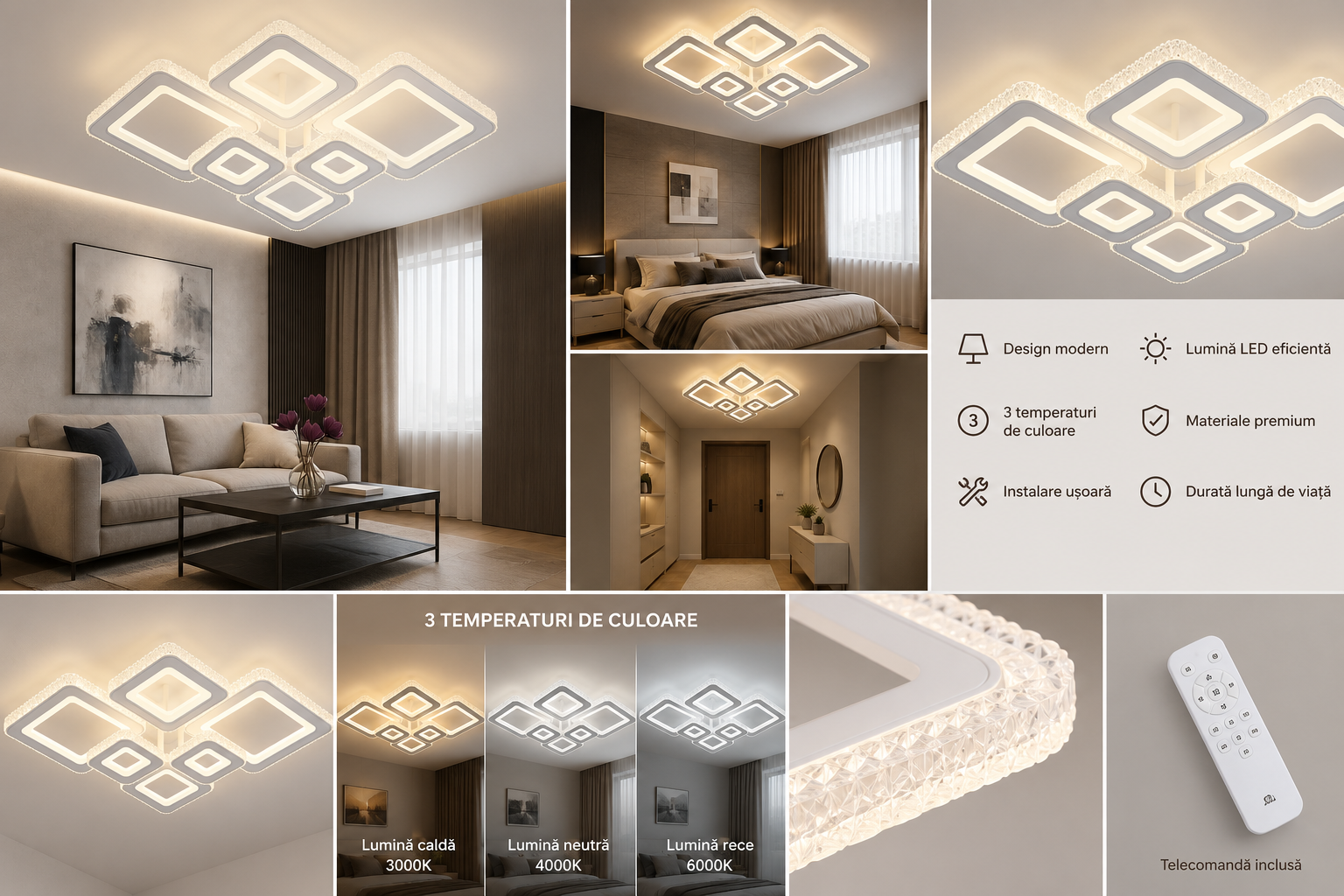 Lustră LED cu Telecomandă Rosalind 240W, Dimabilă, Alb/Crom
