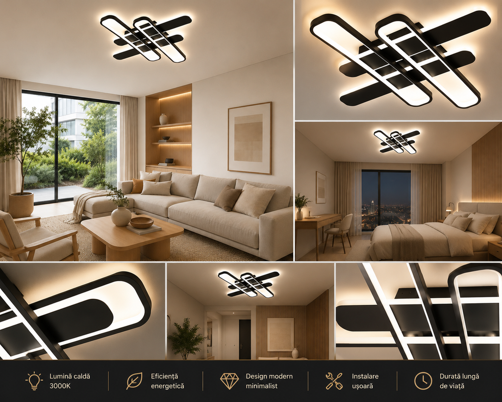 Lustră LED cu Telecomandă Zerlina 156W, Lumină Caldă/Neutră/Rece, Negru
