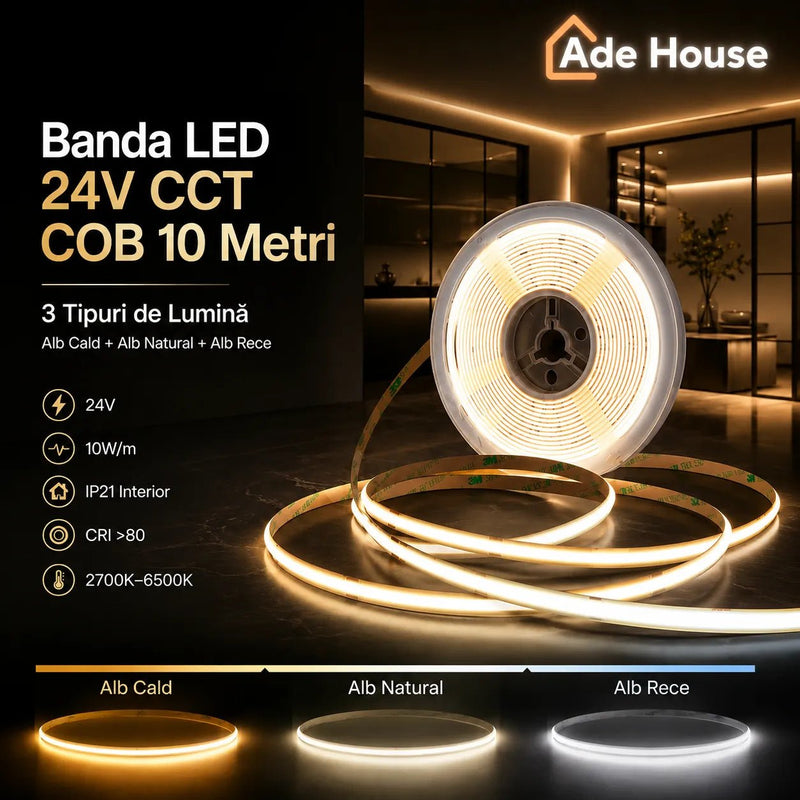 Bandă LED COB CCT Profesională 24V, 10 m, 3 Tipuri de Lumină