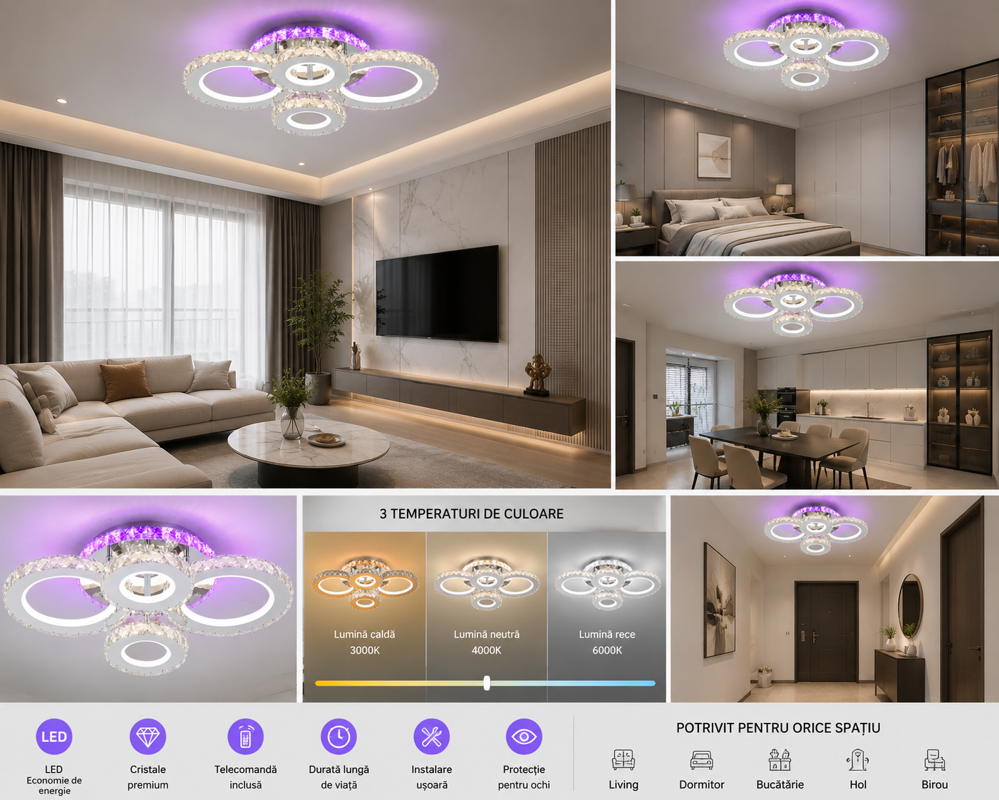 Lustră LED cu Telecomandă Zenobia 136W, cu Cristale, Lumină Caldă/Neutră/Rece, Dimabilă
