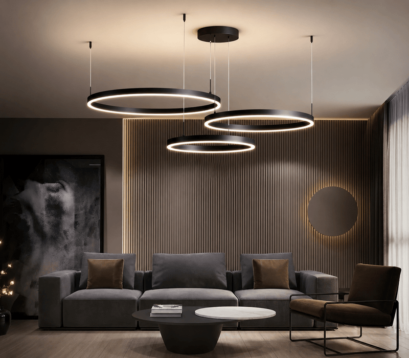 Pendul LED cu Telecomandă Melisande II 200W, 120×80 cm, cu Inele, Lumină Caldă/Neutră/Rece, Dimabil, Negru