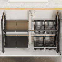 Raft metalic pentru depozitare sub chiuveta, extensibil 55-85 cm, 4 cosuri, 85 (L) x 25 (l) x (H) cm, negru