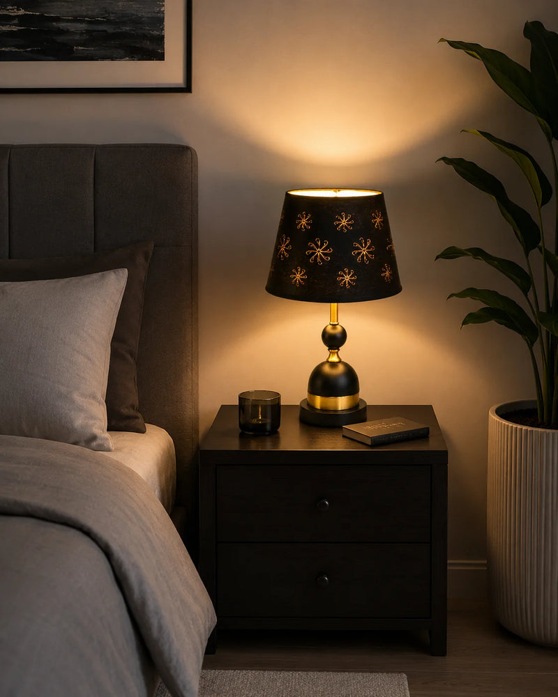 Veioza Decorativa Star Noir, E27, H52 cm, Negru cu Accente Aurii