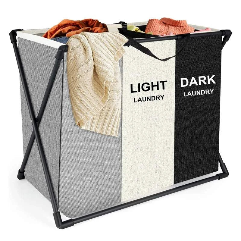 Cos de rufe murdare cu 3 compartimente, pliabil, pentru sortare si organizare haine la baie, material textil, cadru aluminiu, dimensiuni 62 x 34 x 56 cm