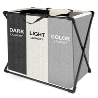 Cos de rufe murdare cu 3 compartimente, pliabil, pentru sortare si organizare haine la baie, material textil, cadru aluminiu, dimensiuni 62 x 34 x 56 cm