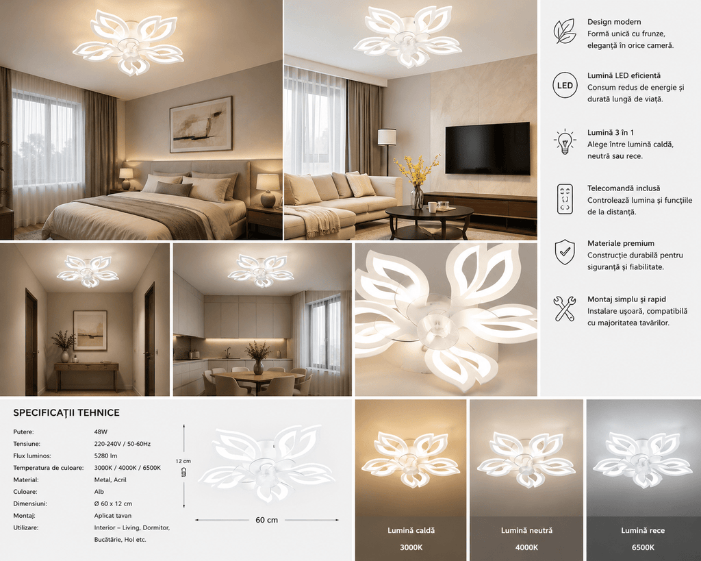 Lustră LED cu Telecomandă Rafaela, 100W, Lumină Caldă/Neutră/Rece, Alb - AdeHouse — Finisaje și Iluminat Premium.