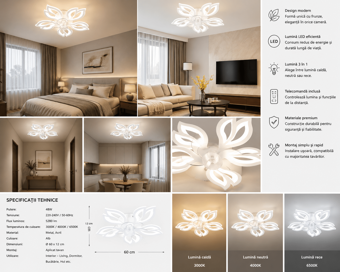 Lustră LED cu Telecomandă Rafaela, 100W, Lumină Caldă/Neutră/Rece, Alb - AdeHouse — Finisaje și Iluminat Premium.