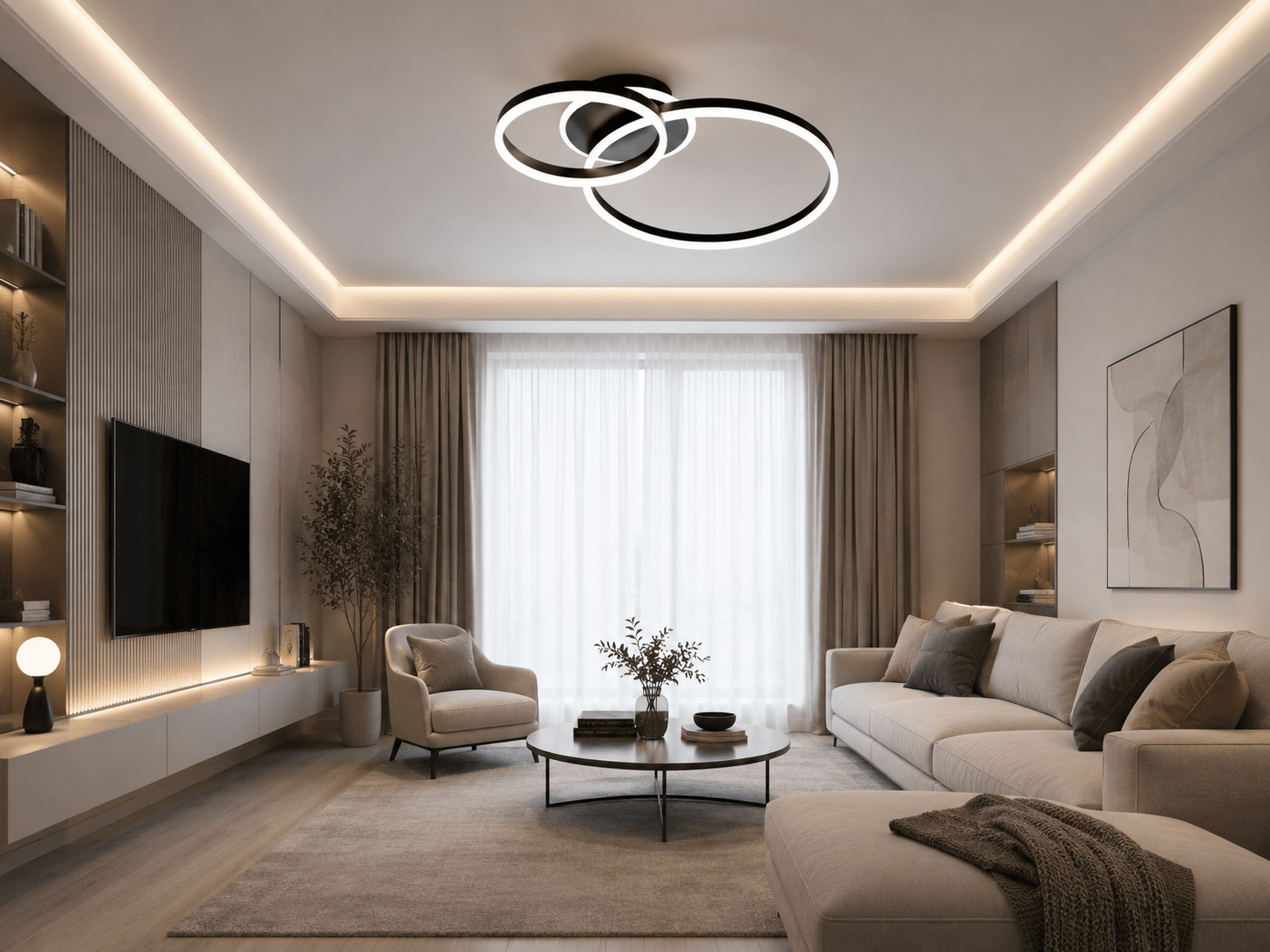 Lustră LED cu Telecomandă Nerina, 61W, cu Inele, Lumină Caldă/Neutră/Rece - AdeHouse — Finisaje și Iluminat Premium.