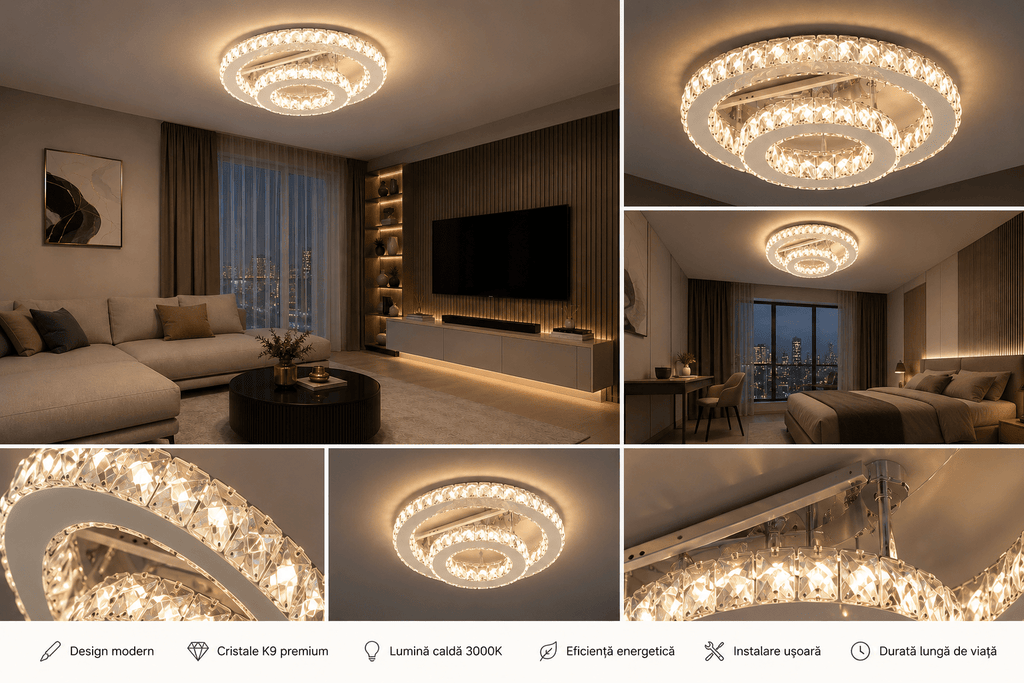 Lustră LED cu Telecomandă Amabile, 66W, cu Cristale, Lumină Caldă/Neutră/Rece, Crom - AdeHouse — Finisaje și Iluminat Premium.