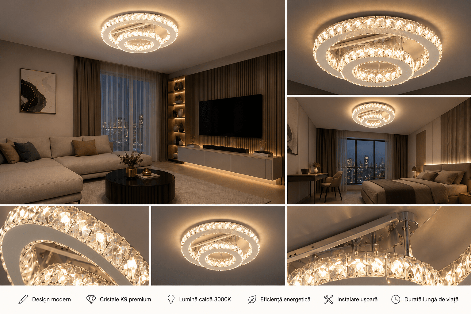 Lustră LED cu Telecomandă Amabile, 66W, cu Cristale, Lumină Caldă/Neutră/Rece, Crom - AdeHouse — Finisaje și Iluminat Premium.