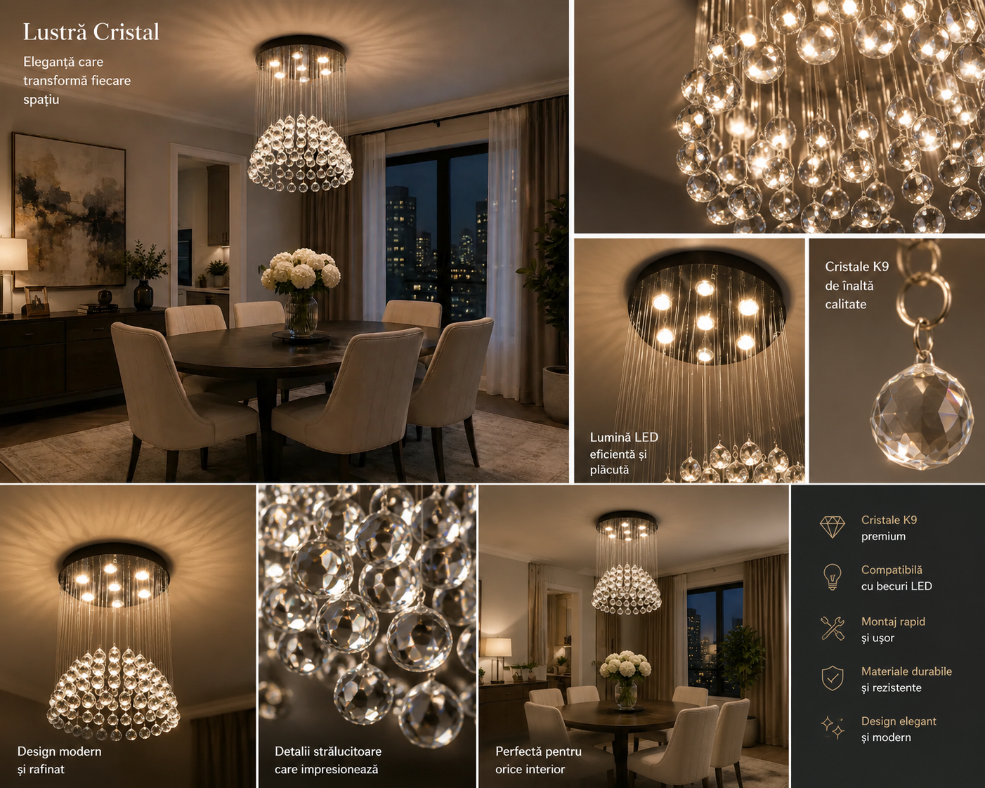 Candelabru Cristal Kerensa 35W, cu Telecomandă, Dimabil