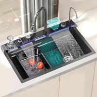 Chiuveta Bucatarie Multifunctionala Negru Grafit cu 2 Cascade, Robinet Cascada, Afisaj Digital Temperatura, Accesorii Incluse