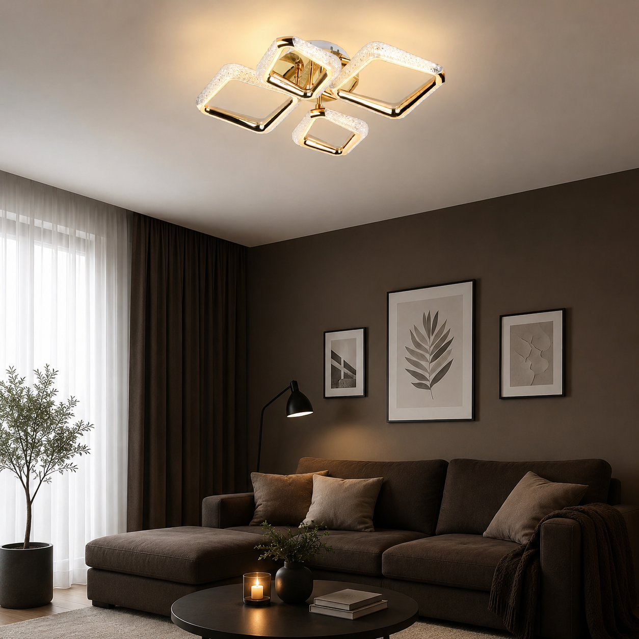 Lustră LED cu Telecomandă Cwenneth 60W, cu Cristale, Lumină Caldă/Neutră/Rece, Auriu