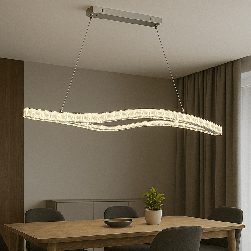 Pendul LED cu Telecomandă Nicanora, 91×31 cm, 120W, cu Cristale, Lumină Caldă/Neutră/Rece