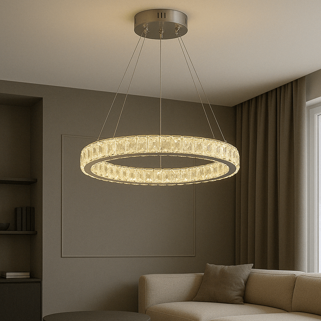 Pendul LED cu Telecomandă Palma, 56W, cu Inele, cu Cristale, Lumină Caldă/Neutră/Rece - AdeHouse — Finisaje și Iluminat Premium.