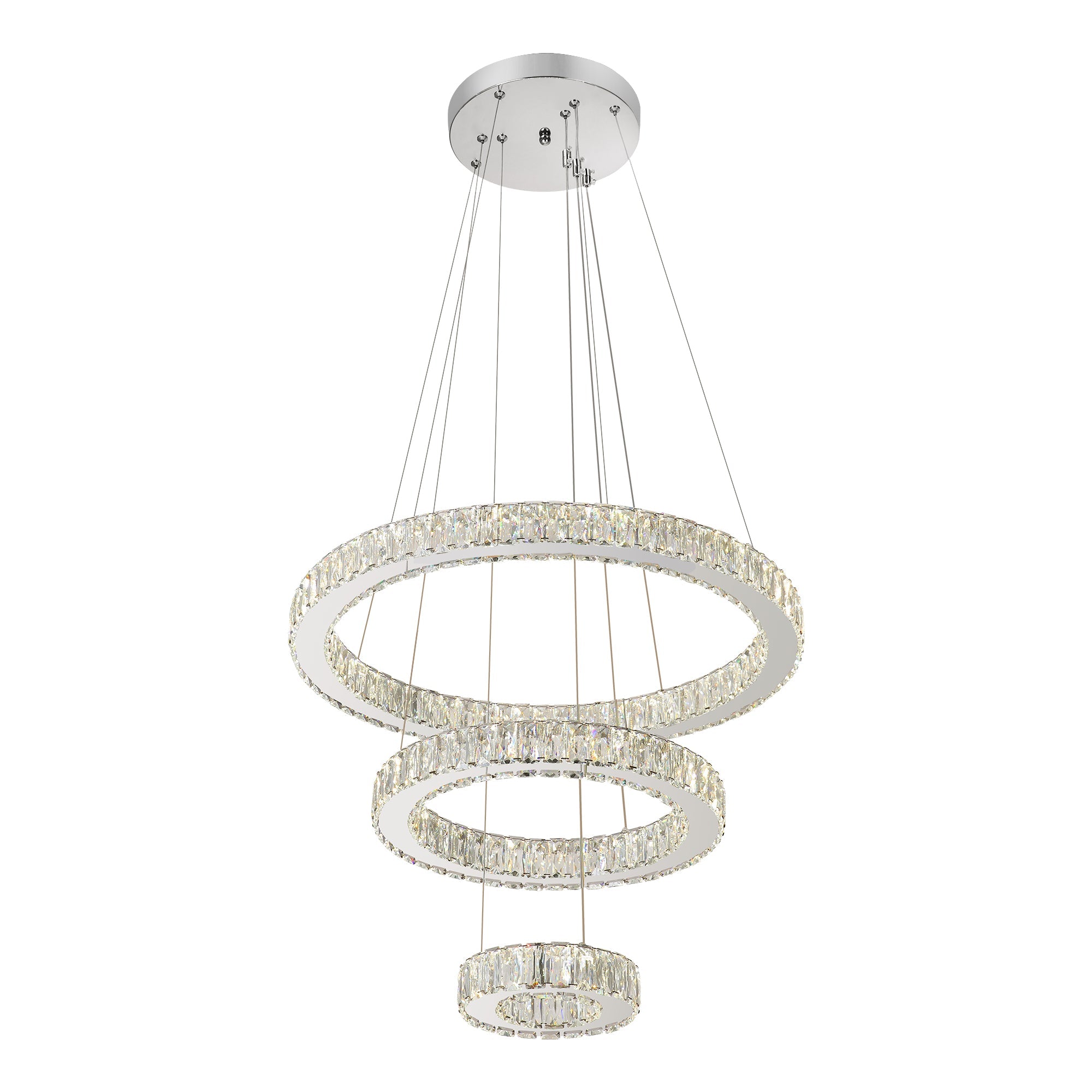 Pendul LED cu Telecomandă Valentina II 120W, Ø60 cm, cu Inele, cu Cristale, Dimabil, Alb