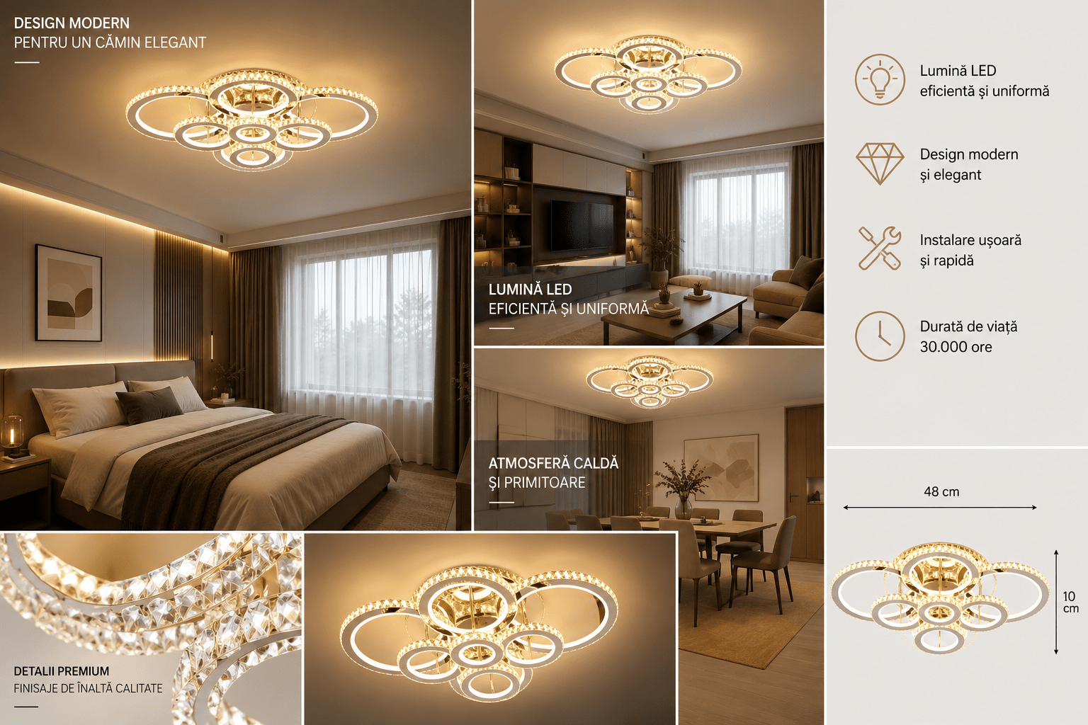 Lustră LED cu Telecomandă Fabiola, 328W, Ø170 cm, cu Inele, cu Cristale, Lumină Caldă/Neutră/Rece, Alb - AdeHouse — Finisaje și Iluminat Premium.