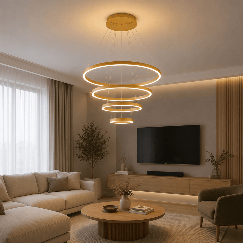 Pendul LED cu Telecomandă Calista II 220W, Ø80 cm, cu Inele, Lumină Caldă/Neutră/Rece, Dimabil, Auriu