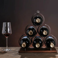 Suport pentru 6 sticle de vin, design modern, lemn natural si otel, 32.5 x 16 x 30 cm