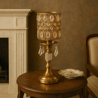 Candelabru decorativ auriu cu cristale, 40 cm. Metal finisat + cristale transparente